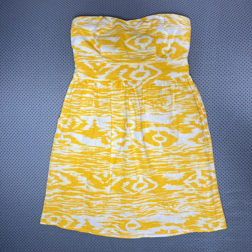 Women's Junior Small 55% Linen Strapless Yellow and White Mini Dress
